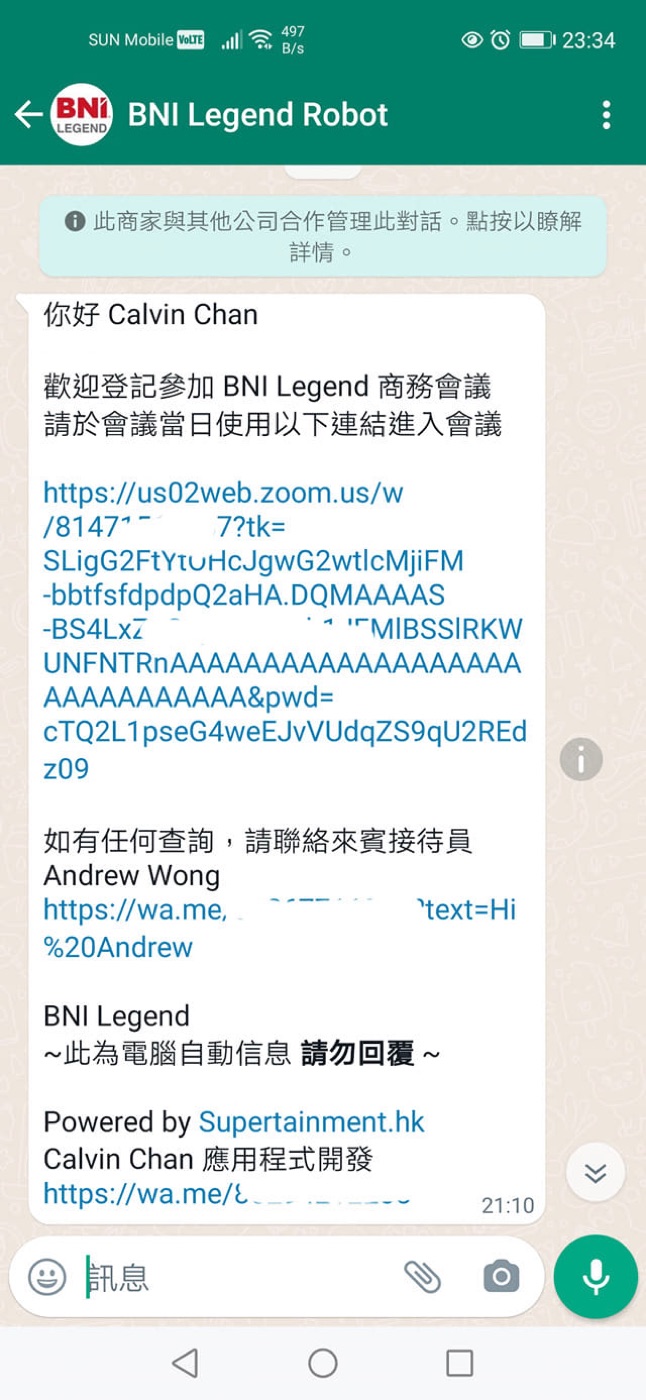 BNI Legend Zoom+Whatsapp Automation